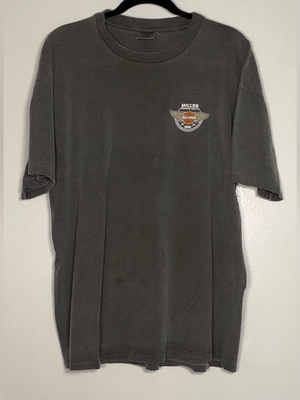 Vintage Harley Anvil Charcoal Gray Short-Sleeve Tee with Small Chest Graphic